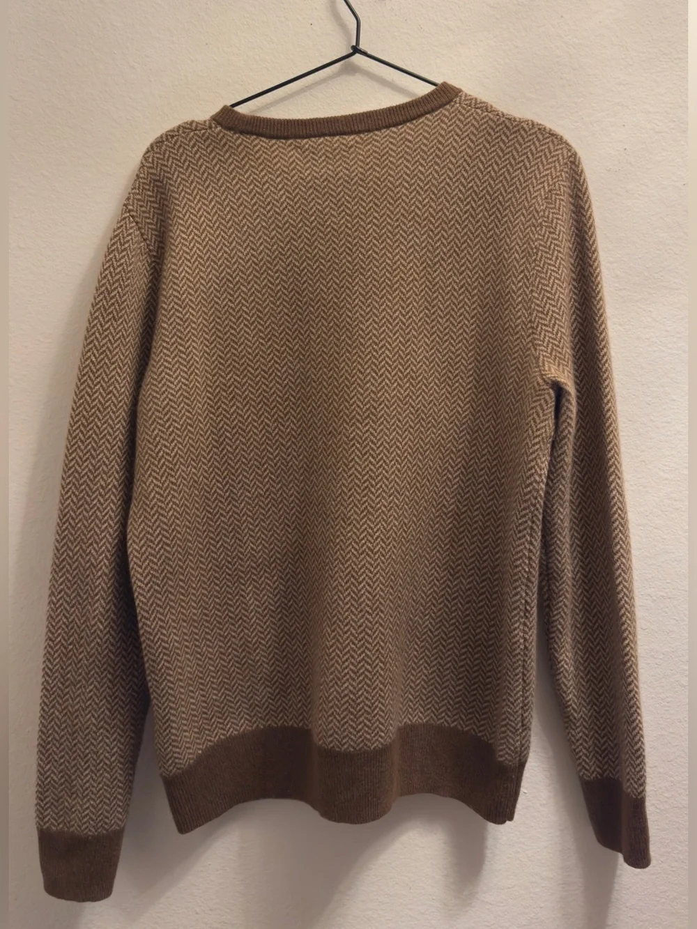 J. Crew Men's Tan Herringbone 100% Cashmere Crewneck Sweater
